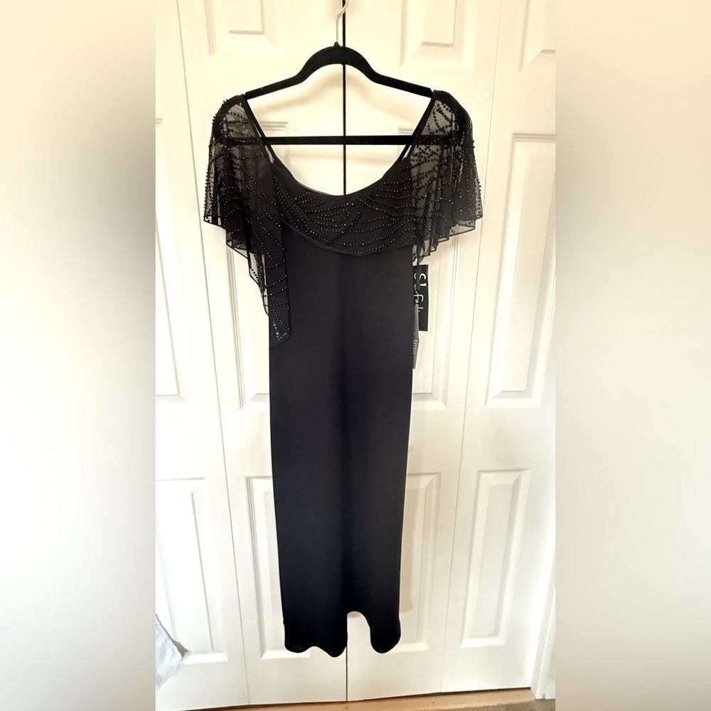 BLACK DRESS Beaded Shawl Collar NWT Petite Cocktail Wedding Formal